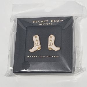 Secret Box New York Cowgirl Boot Earrings Gold and Cream .62 in